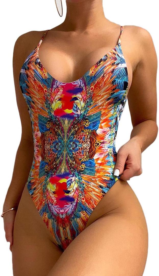 GORGLITTER Women's Allover Print One Piece Swimsuit Backless Sleeveless Thong Bikini Swimwear Orange X-Large