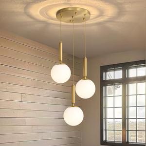 Modern White Glass Chandelier Cluster Pendants Lights for Kitchen Island Mid Century Globe Hanging Lighting Fixture Living Room Dining Room Bedroom Staircase E26 Bulbs Antique Gold