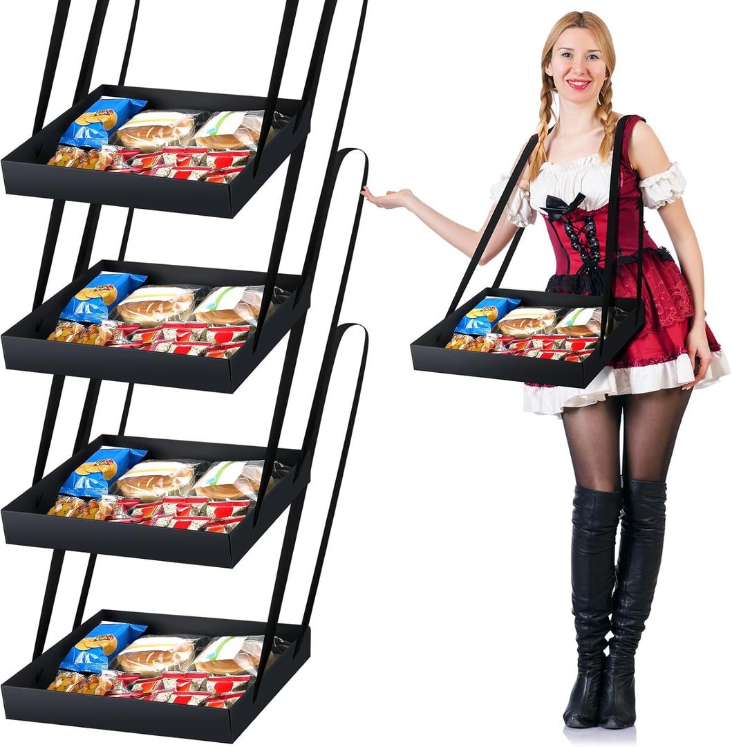 PerKoop 4 Pcs Snack Trays with Strap 13 x 11 x 2 Inch Movie Night Party Serving Trays Usherette Popcorn Drink Beverage Carrier for 20's Theme Costume Accessory with 8 Black Ribbons for Women