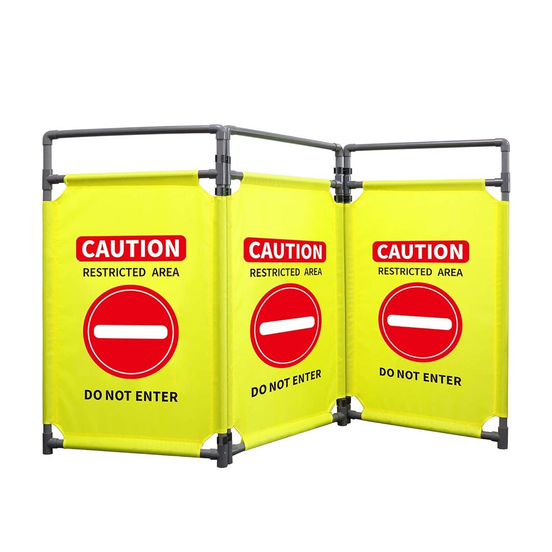 3 Panels Safety Barricade 5.8FT Foldable Security Sign Barrier Gate with Heavy Duty PVC Frame High Visibility Caution Symbol Crowd Control Restricted Area Pedestrian Barricade DO NOT Enter Yellow