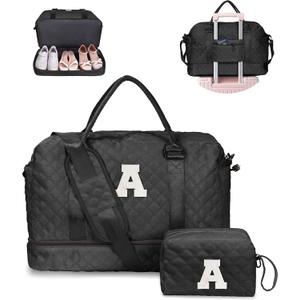 Trendy Gifts for Women-Initial Duffle Bag with Shoe Compartment, Personalized Weekender Bags, Monogram Overnight Bag for Women, Letter Travel Bags with Makeup Pouch (Letter A)