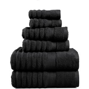 LANE LINEN 6-Piece Bath Towel Set  100% Cotton, Quick Dry, Zero Twist, Ribbed, Luxury Towels, Includes 2 Large Bath Towels, 2 Hand Towels, 2 Washcloths, Premium Everyday Use - Black