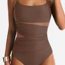 One Piece Swimsuit for Women Tummy Control Mesh Bathing Suits Sexy Push Up Swimsuits Slimming Square Neck Swimwear (Brown, XL)