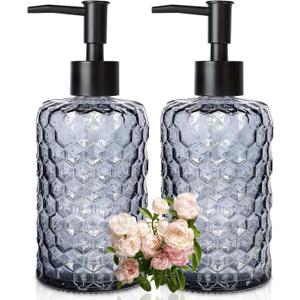 Clear Charcoal Blue Glass Soap Dispenser with Pump, 16oz Honeycombed Design Hand Soap Dispenser, Refillable Lotion & Dish for Dishwashing Liquid, Lotion