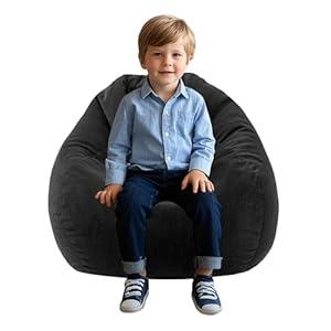 Gurxien Bean Bag Chairs with Corduroy Cover Removable, 3 Ft Large Memory Foam Bean Bag Chairs for Kidswith Filling, Round Fluffy Sofa Chair for Living Room Bedroom, Black