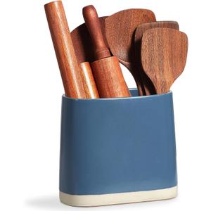 ONEMORE Ceramic Utensil Crock, Large Kitchen Utensil Holder for Countertop, Farmhouse Cooking Utensil Organizer with Cork Mat for Kitchen Counter, Oval Utensil Storage Caddy for Spatula, Blue