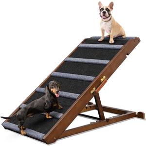 Dog Ramp for Bed, Extra Wide 17", Non-Slip Rubber Surface, Adjustable Folding Pet Ramps for Large Dogs up to 200lbs, Walnut Wood Stairs for Old Dachshund/Labrador to Get on High Couch or Car