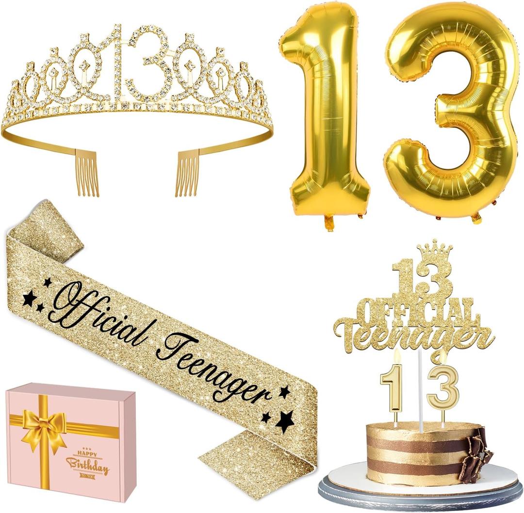13th Birthday Decorations for Girls with 13th Birthday Crown, Official Teenager Sash, Candles and Cake Topper, Number Balloons, Teen Girl Gifts for 13 Year Old Girls
