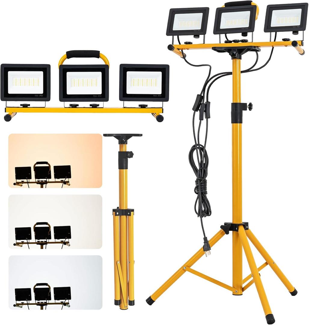 3 Head Dimmable LED Work Lights with Stand 21000 Lumens Portable Work Light with Independent Switches IP66 Waterproof Telescoping Tripod Stand Worklight with 16FT Cord for Indoor Outdoor Lighting