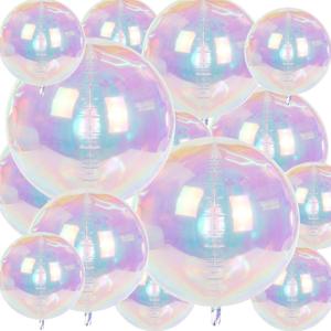 Shappy 14 Pcs Iridescent 4D Round Foil Balloons 32" 22" 12" Different Sizes Large Round Foil Holographic Shiny Balloons for Birthday Wedding Under the Sea Mermaid Disco Party Decoration