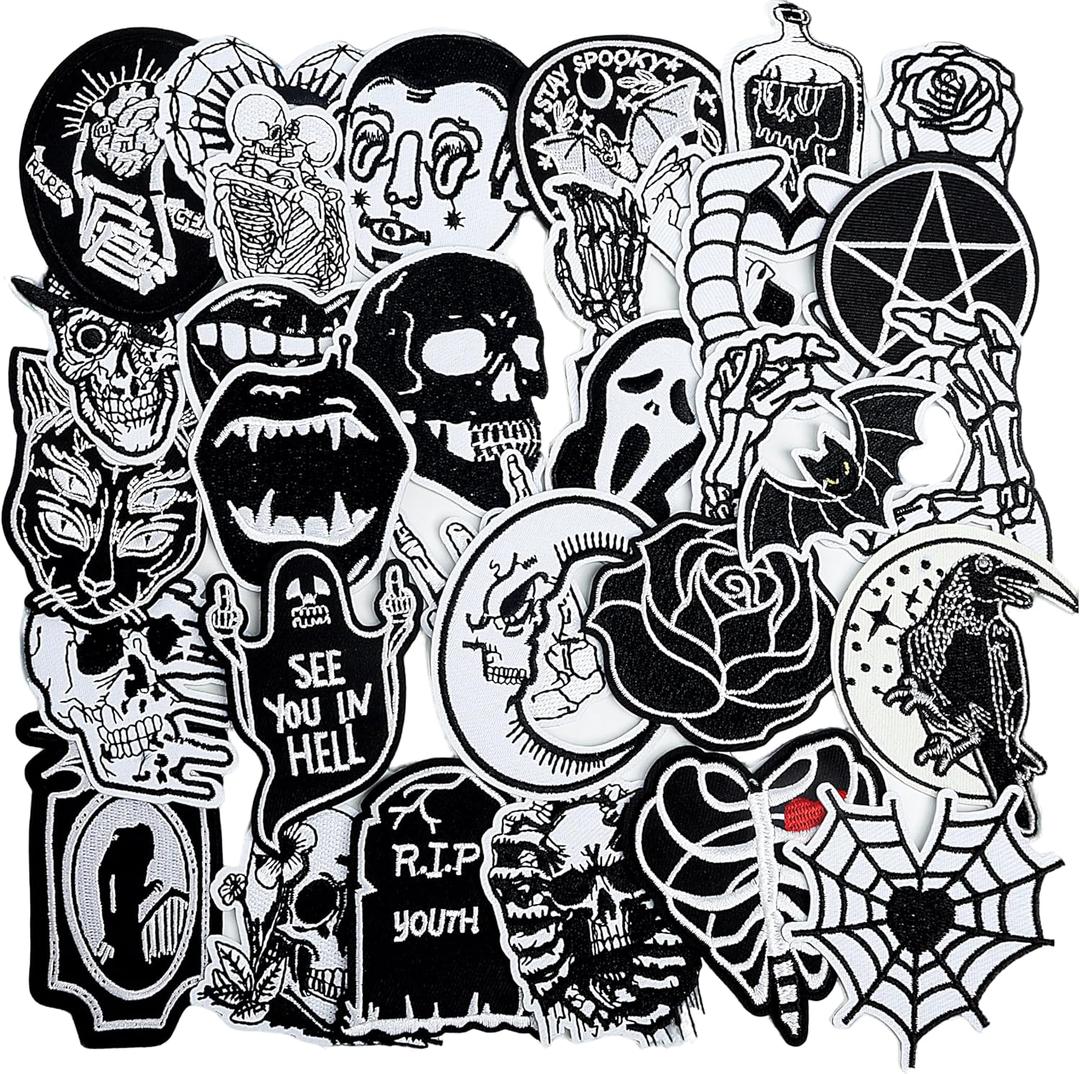 Meneng Goth Embroidered Patches for Clothing: 30PCS Cool Iron on Patch Skull Rose Sew on Applique for DIY Crafts - Vintage Gothic Dark Aesthetic Patches for Jacket Hat Jean Vest Backpack Decor