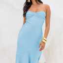 Summer Satin Tube Top Strapless Midi Dress for Women 2025 Formal Ruched Backless Wedding Guest Long Dresses (Blue, S)