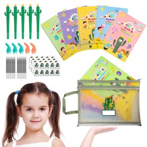 Magic Practice Copybook, Reusable Writing Practice Book, Grooved Handwriting Copybook Set for Preschool Kids Age 3-8 Calligraphy 5.7 * 7.9 inch (5 PCS with 5 Cactus Pens & A Storage Bag)