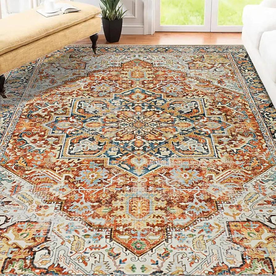 Washable Area Rug for Living Room, Soft Low Pile Floor Room Rug with Non-Slip Backing and Vintage Print for Bedroom, Colorful Machine Washable Carpet for Home Decor (Beige, 8'x10')