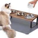 Upgraded Elevated Cat Bowls with Food Mat,15Tilted Stand Anti Vomiting Raised Cat Dishes for Food and Water,3 Stainless Steel Bowls for Cats and PuppyRustic Brown