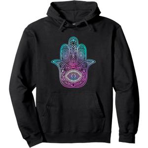 Hamsa Hand Yoga Mandala Pullover Hoodie (Small, Black)