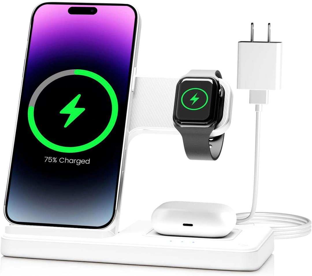 Wireless Charger Charging Station: 3 in 1 Charger Stand for Apple Multiple Devices Product for iPhone 16 15 14 Pro Max 13 12 11 for Watch 10 9 8 7 6 5 4 3 2 SE & Ultra for Airpods 4 3 2 Pro (White)