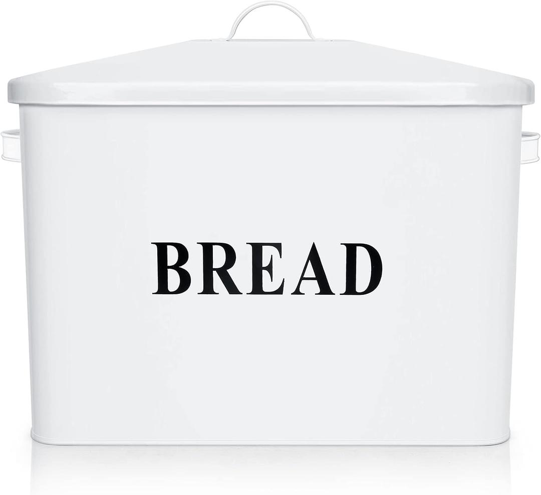 E-far Bread Box, Metal Bread Box with Lid for Kitchen Countertop, Large Bread Bin Holder Storage Container - 13" x 9.8" x 7.3" - Holds 2+ Loaves, Modern Farmhouse & Vintage Style - White