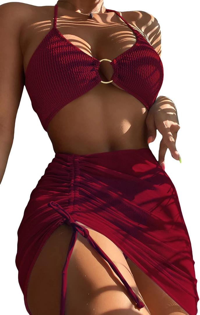 MakeMeChic Women's 3 Piece Bathing Suits Halter Ring Bikini Set with Cover Up Skirt Maroon S