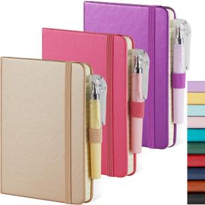 NIRMIRO 3 Pack Pocket Notebook Journal with Pen, Mini Small Notepad Notebook 3.7" x 5.7" for Women Writing, 408 Pages, Pearlescent Pink Purple Gold (A6)