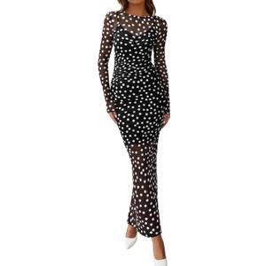 BTFBM Fall Dresses for Women 2025 2 Piece Set Long Sleeve Polka Dot Sexy Bodycon Mesh Dress and Slip Dress Party Wedding (Large, Big Dot Black White)