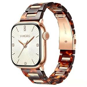 V-MORO Resin Band Compatible with Apple Watch 42mm 41mm 40mm 38mm, Fashion Lightweight Bracelet with Polished Rose Gold Stainless Steel Inlay for iWatch Series 11/ 10/ 9/ 8/ 7/ 6/ 5/ 4/ 3/ 2/ 1/ SE, Tortoise Shell