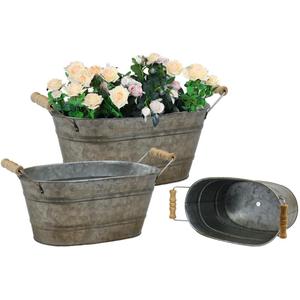 vensovo Galvanized Metal Oval Planter Buckets with Handles  Set of 3 Rustic Farmhouse Flower Tubs with Drain Holes & Plugs, Vintage Small Pots for Herbs, Succulents, Wedding or Tabletop Decor