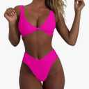 geluboao Bikini Set for Women Solid V Neck Knot Front Push Up High Leg Thong Two Piece Swimsuit