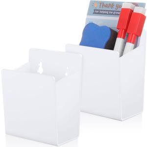2 Pcs Acrylic Wall Mounted Marker Holder Acrylic Pen Holder Adhesive Glass Whiteboard Marker Organizer Dry Erase Organizer with Tapes Hanging Holes for Whiteboard Fridge Locker (White)