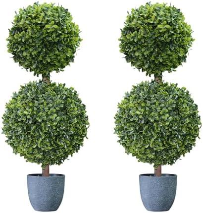 UNADRA Faux Boxwood Topiary Plants Outdoor 2 Pack 23.6 Inch - Artificial Ball Trees Fake Bush 2 ft Round Shaped Indoor for Backyard, Balcony,Garden, Wedding and Home Décor (24 inches, Boxwood 2 Ball)