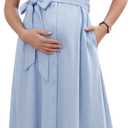 OUGES Women's Summer Maternity Dress Collar V Neck Button Down Tie Waist Casual Midi Dresses with Pockets 2026 (Blue, M)