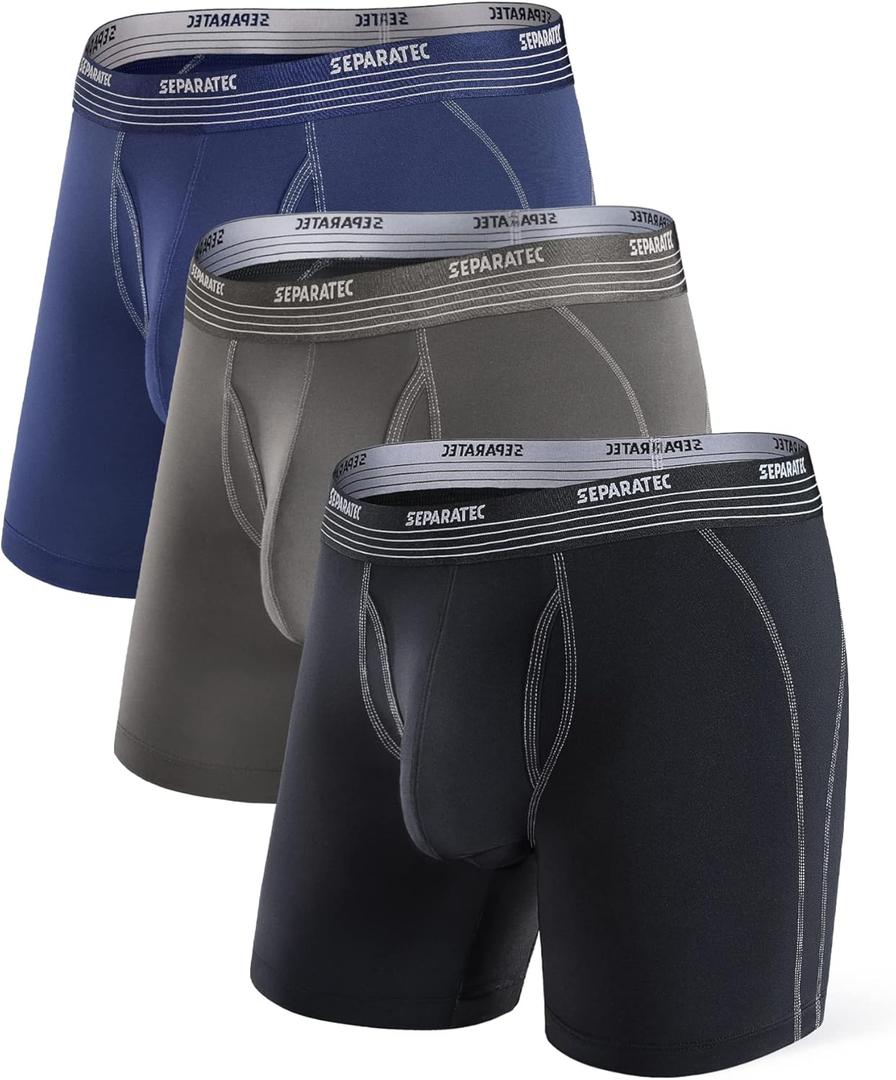Separatec Mens Underwear with Pouch for balls Anti Chafing Underwear Men Athletic Sport Performance Long Boxer Briefs 3 Pack (Large, B1 - Black/Navy Blue/Dark Gray)