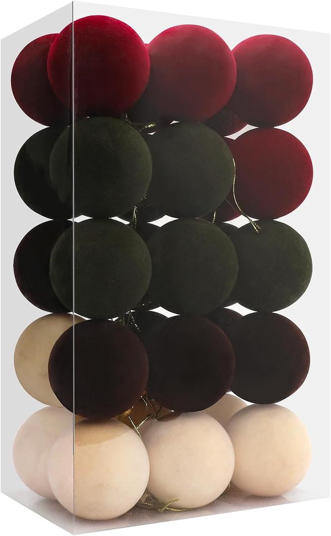30pcs 6cm/ 2.4'' Velvet Xmas Balls Flocked Hanging Ornaments Christmas Decoration for Xmas Tree, Garland, Fireplace, Railing. Burgundy, Green, Brown, Beige (2.36" Velvet)