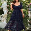 EYWOL Formal Wedding Guest Cocktail Plus Size Dress, Floral Embroidered, Hide Tummy A-Line for Curvy Women (Blue, XXL)