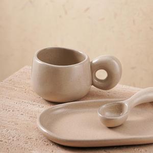 Uaral Ceramic Coffee Mugs Set,Cups Set with Saucer and Spoon for Coffee/Tea Break,Latte Breakfast.10oz Coffee Mug,8inch Ceramic Serving Tray and Spoon.3 Piece,Matte Cream