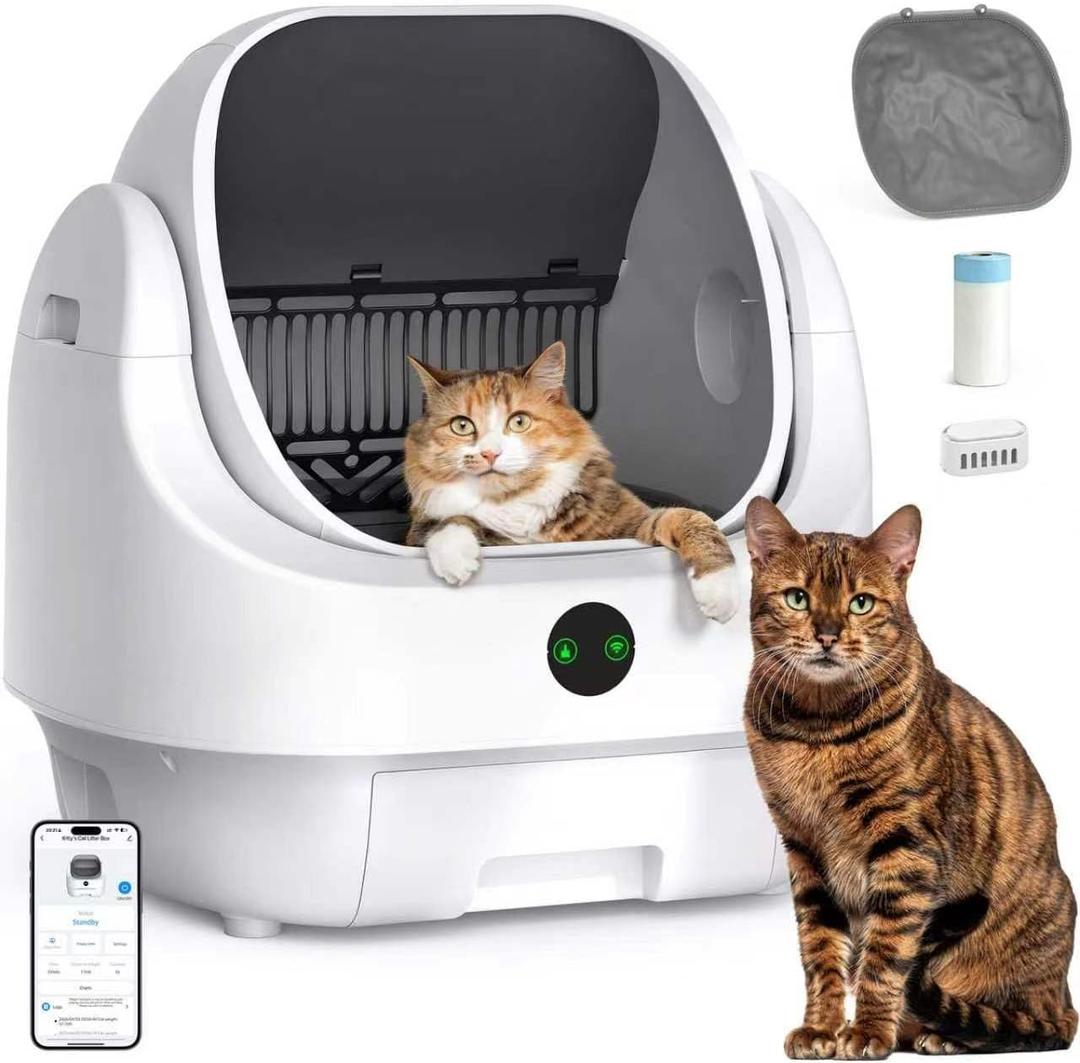 Open-Top Automatic Litter Box, Odor Control, Ready to Use, Self Cleaning Litter Box, Large Capacity with APP Control and Safety Sensor, Ellenpent, with Trash Bags/Waterproof Mat/Litter Mat