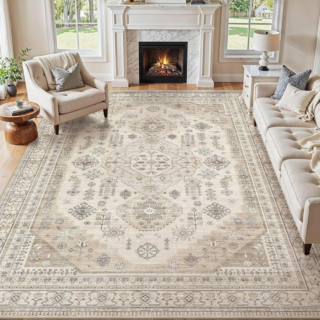 9x12 Washable Area Rug, Large Rugs for Living Room Stain Resistant Non Slip Backing Soft Low Pile Vintage Carpet for Bedroom Dining Room Kid & Pet Friendly Home Decor - Beige