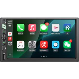 7'' Double Din Car Stereo with Wireless Apple CarPlay & Android Auto, Wireless Airplay & Mirror Link, 1024x600 HD Touchscreen, 240W, Bluetooth, 12-LED Waterproof Backup Camera, Steering Wheel Control