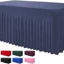 Table Skirts for Rectangle Tables 8ft - One-Piece Navy Blue Tablecloths and Skirt, Wrinkle Resistant Ruffles Elastic Cover for Banquets, Weddings, Events, Parties (96" x 30" (Rectangular))