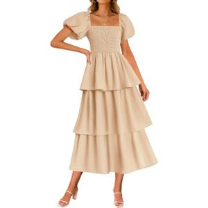 Women's Summer Puff Sleeve Midi Dress 2026 Casual Flowy A Line Tiered Wedding Guest Beach Vacation Long Dresses, Size Small