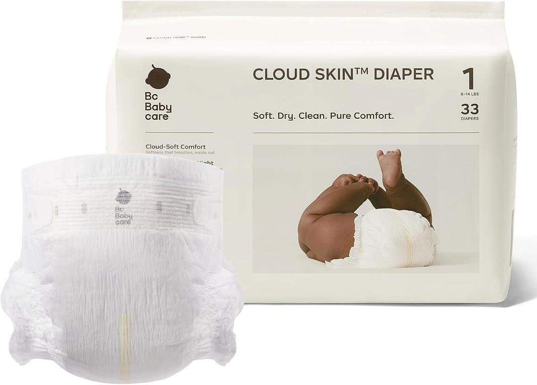 Bc Babycare Cloud Skin Baby Diapers, Size 1 (8-14 lbs), 33 Count Ultra Soft & Dry, Leak-Proof Overnight Comfort, Hypoallergenic, Totally Chlorine-Free