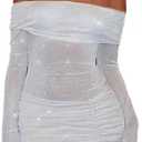 Women Sexy Off Shoulder Bodycon Mini Dress Mesh Sheer Ruched Sparkly Flared Long Sleeve Y2K Dress Club Night Out Dresses (White, XS)