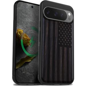 Carveit Magnetic Wooden Case for Pixel 9 Pro Google 9 Pro Case, Wood Artisan Engraved & Soft TPU Shockproof Cover, Compatible with MagSafe Wireless Chargers (American Flag) Blackwood