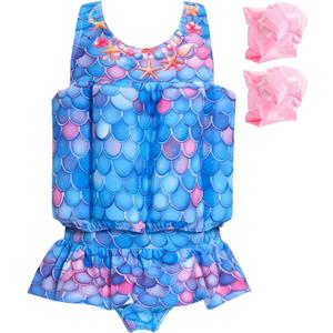 Baby Girls Swimsuit with Floatation Toddler One Piece Swimsuits Kids Swim Vest Swimwear Float Suit (3-4T, Blue Purple)
