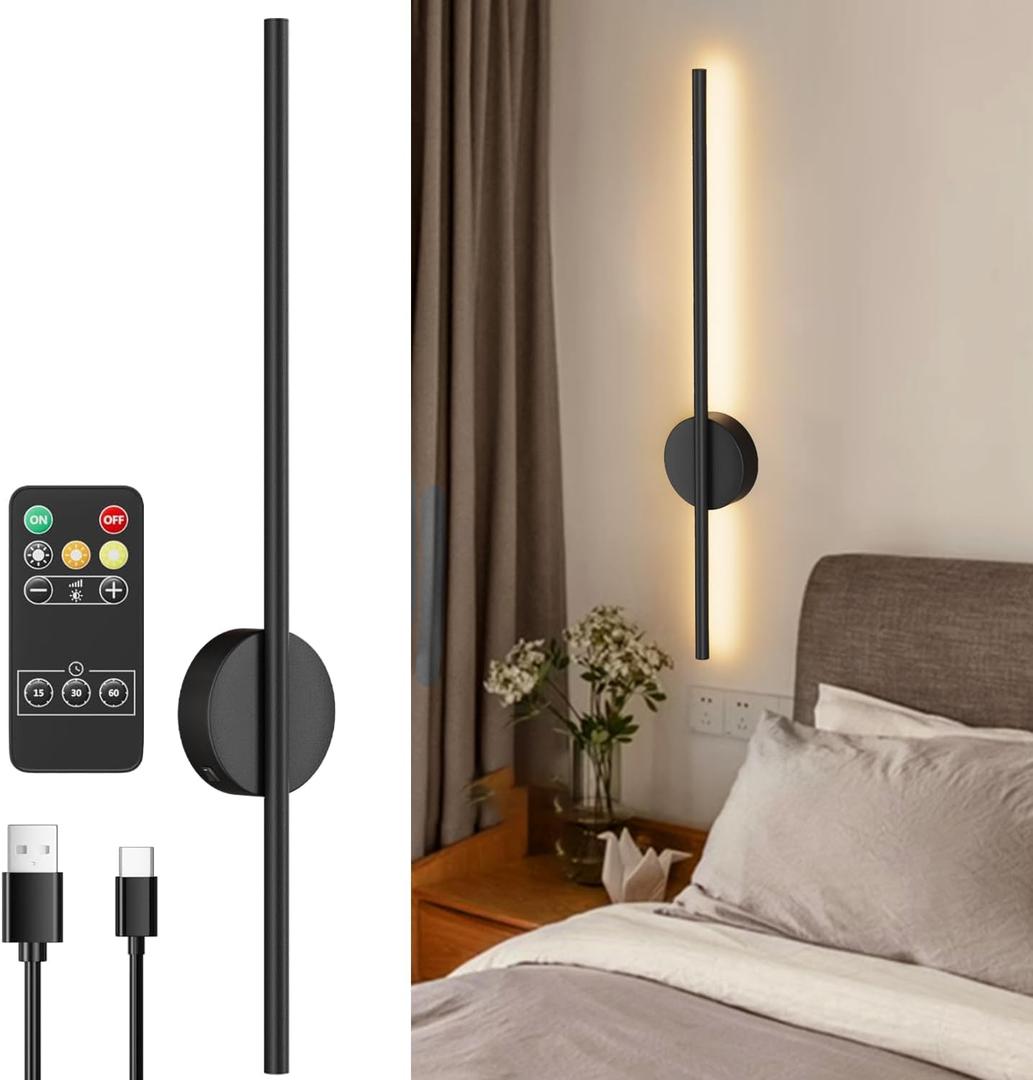 Battery Operated Black Wall Sconce , USB Rechargeable Wall Lights with Remote Control, 1 Pack Dimmable LED Wall Lamp Indoor, 360 Rotation Wireless Lights for Living Room Bedroom Hallway, 31.5 inch