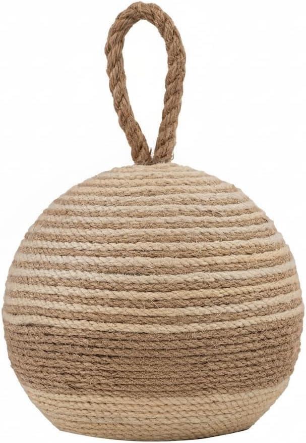 PEMAR Natural Wicker Door Stopper with Handle, Rustic Farmhouse Decorative Door Stop, Heavy Indoor Doorstop, Nautical Blocker Jammer 6.3''D Sphere Ball Shape (Jute)
