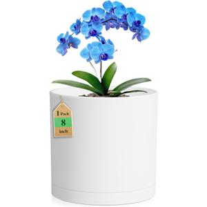 WSMKSZ 8 Inch Cylinder Plant Pots for Indoor Outdoor Plants, Medium Deep Flower Pots with Drainage Holes & Saucer, Decorative Plastic Planter Pots for Garden House Plants, White