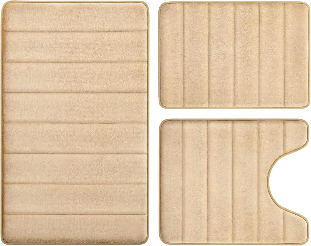 BYSURE Beige Memory Foam Bathroom Rug Set 3 Piece, Non Slip Extra Soft Absorbent Bath Mats, Machine Washable & Dry Toilet Mat Sets for Bathroom Floor (1'5" x 2'8" (Rectangular, U-shaped), Beige-stripe)