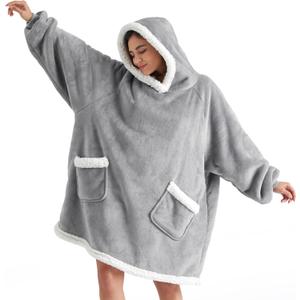 Bedsure Blanket Hoodie, Wearable Blanket Hoodie as Gifts for Mom, Birthday Gifts for Women Kids Teens Sherpa Sweatshirt, Grey, Standard