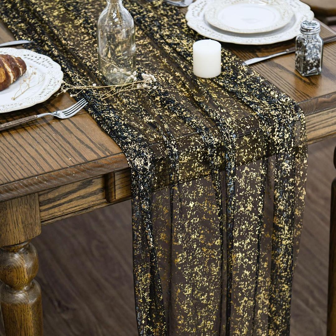 Artoid Mode 6Pcs Black Gold Gauze Table Runner 120 Inch 10FT, Glitter Metallic Foil Sheer Chiffon Cheesecloth Dining Wedding Anniversary Holiday Birthday Table Decor for Home Party